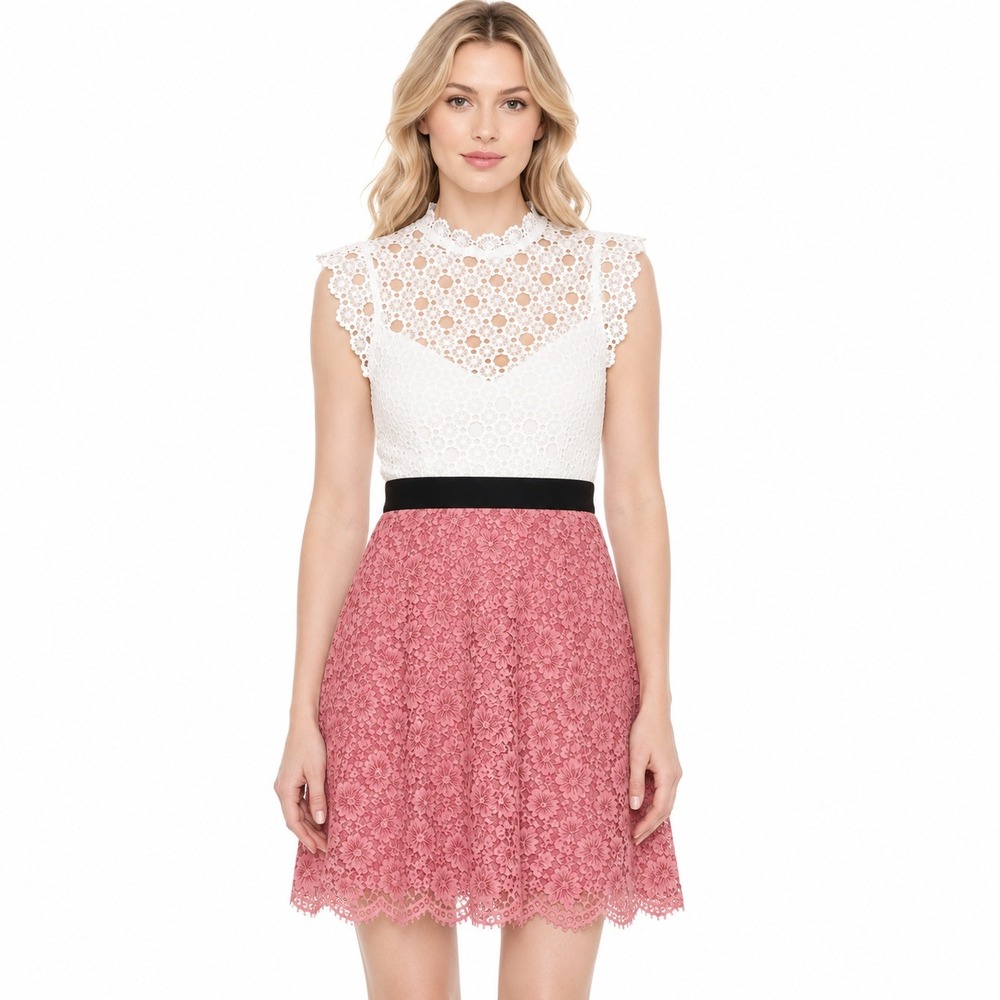 Sandro Paris Gab Floral Lace Pattern Short Dress White Pink Elegant Size 36 US 4